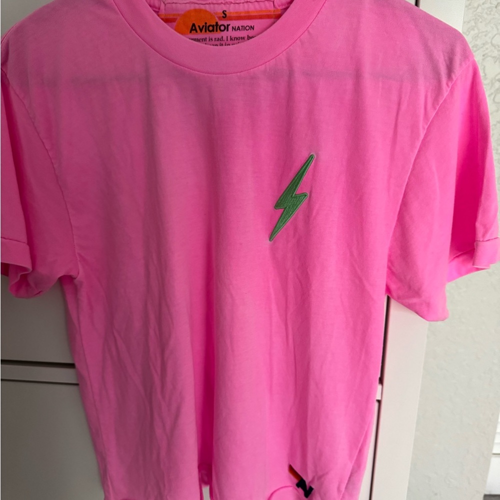 Aviator Nation Pink and Green Lightning Bolt Tee
